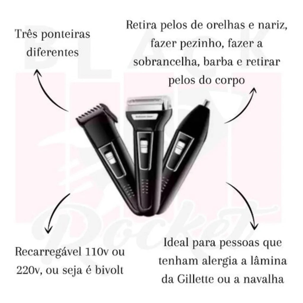 Máquina Barbear Shaver 3 Em 1 Nariz Barba Pelos e Corpo